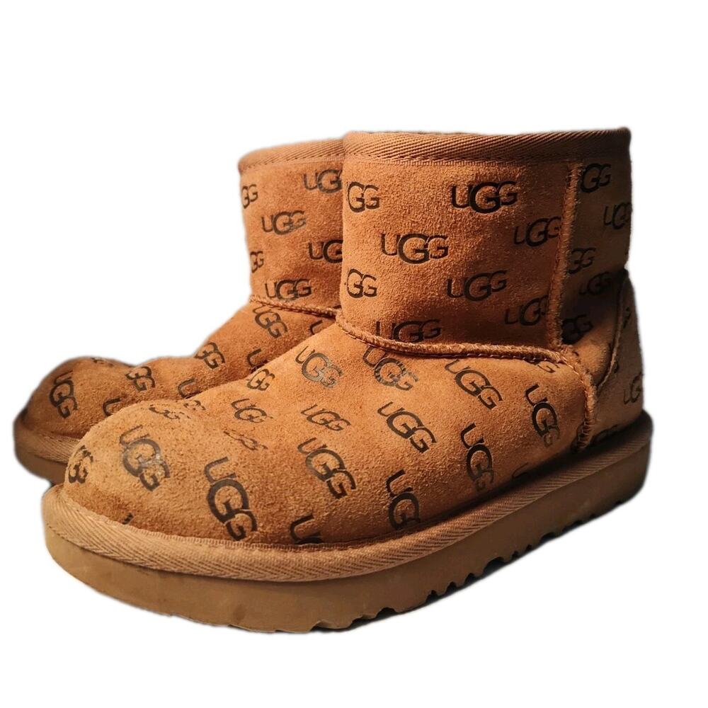 UGG Winter Size Kids 1 Boots Neumel Embossed Brown Suede Sheepskin